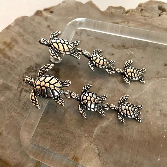 VTG Kabana Sterling Silver 925 Dimensional Sea Turtle Trio Dangle Drop Earrings - Picture 13 of 16